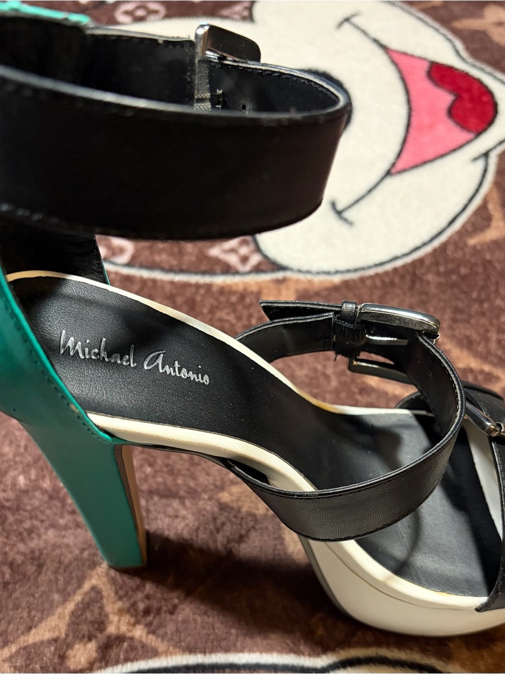 Michael Antonio Black and Teal High Block Heel Sandals